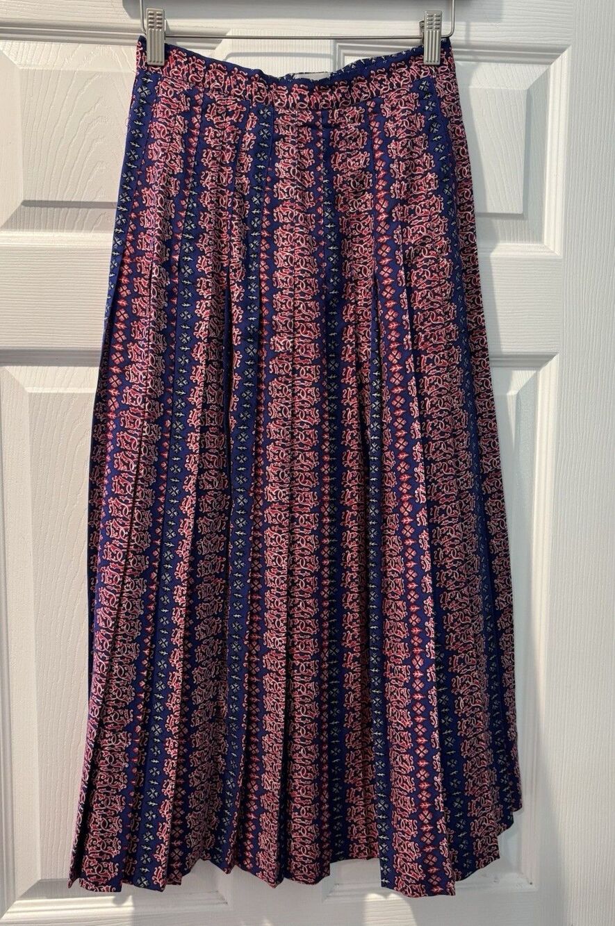 Vintage Women’s Axiom Skirt Sz 6 Batik Pleated Print Red & Blue Midi Chic Boho